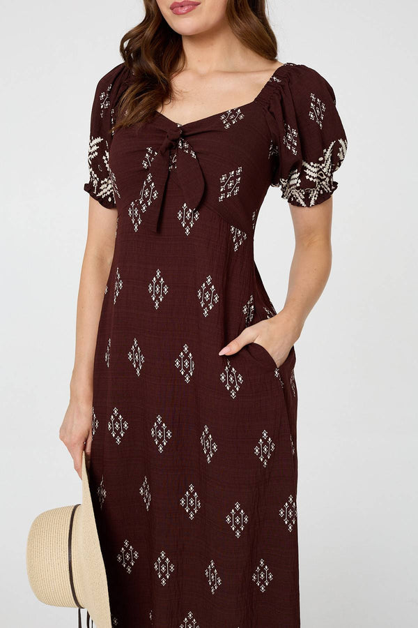 Brown | Border Print Puff Sleeve Midi Dress