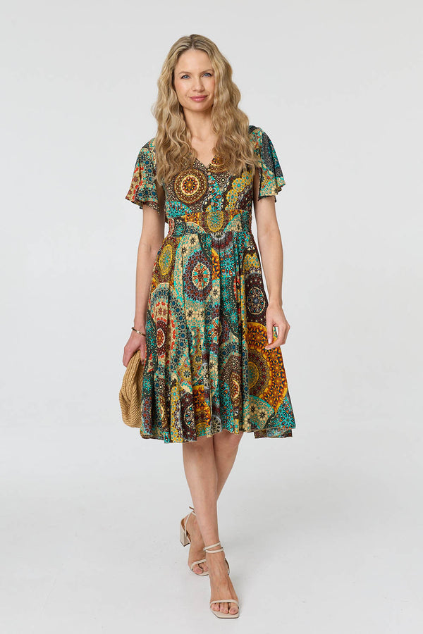 Beige | Printed Shirred A-Line Midi Dress