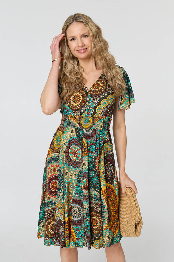 Beige | Printed Shirred A-Line Midi Dress