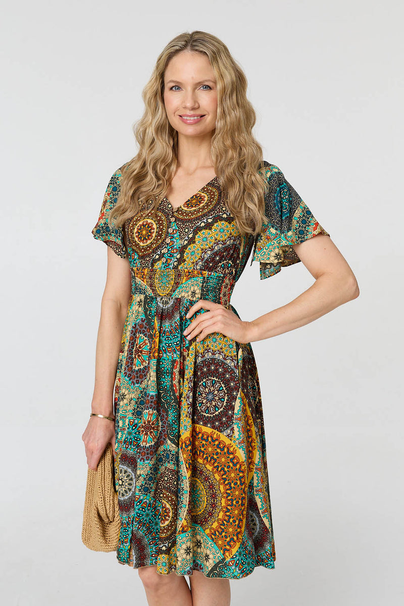 Printed Shirred A-Line Midi Dress