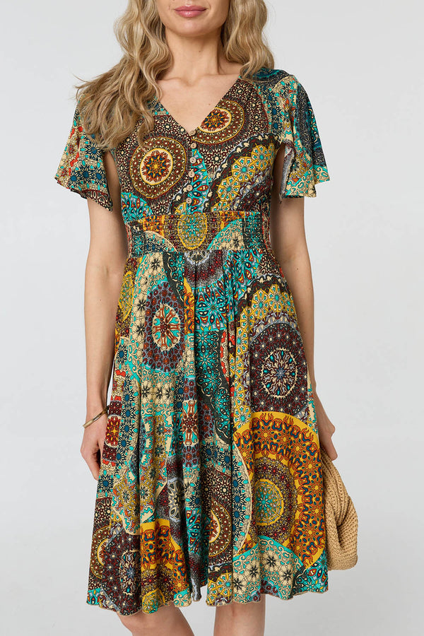 Beige | Printed Shirred A-Line Midi Dress