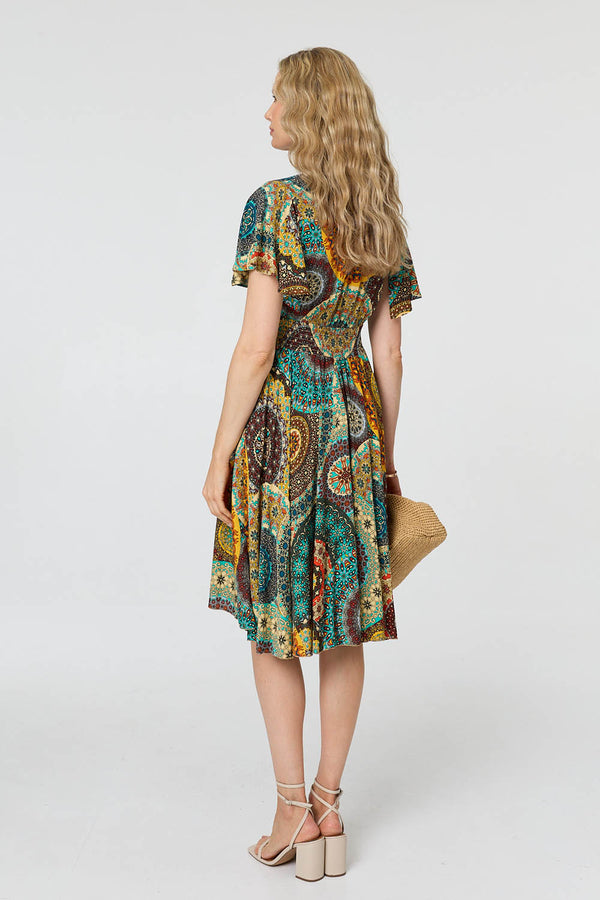 Beige | Printed Shirred A-Line Midi Dress