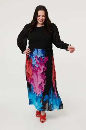 Black | Curve Floral Tie Waist Knit Midi Dress
