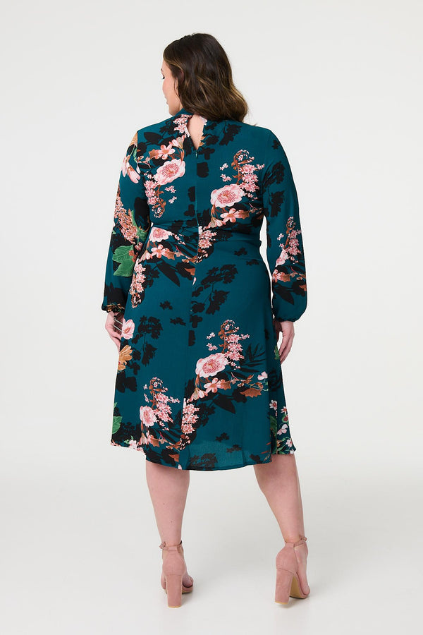 Teal | Curve Floral Long Sleeve Midi Dress
