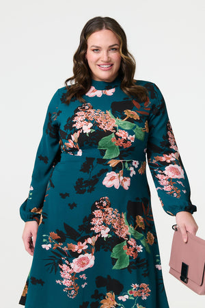 Teal | Curve Floral Long Sleeve Midi Dress
