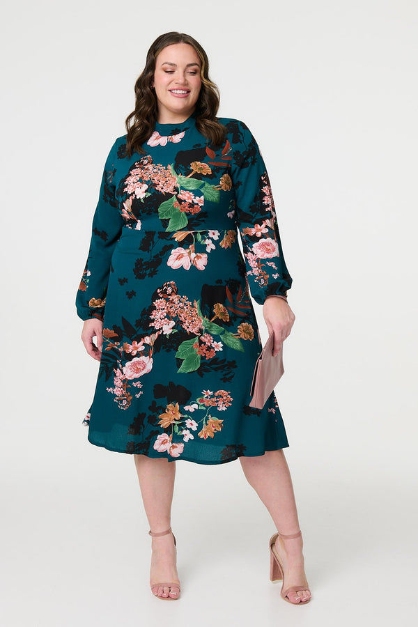 Teal | Curve Floral Long Sleeve Midi Dress
