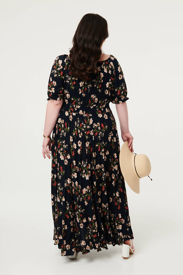 Navy | Curve Floral Bardot Empire Maxi Dress