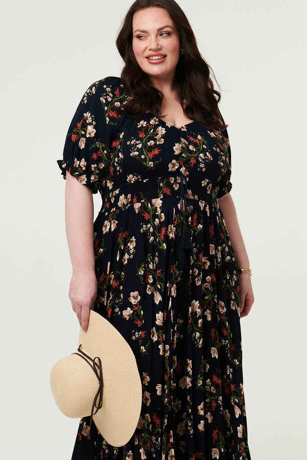 Navy | Curve Floral Bardot Empire Maxi Dress