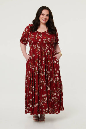Red | Curve Floral Bardot Empire Maxi Dress : Model is 5'8