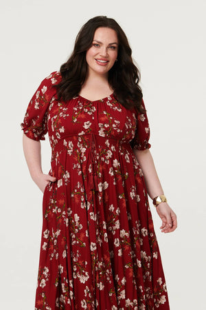 Red | Curve Floral Bardot Empire Maxi Dress

