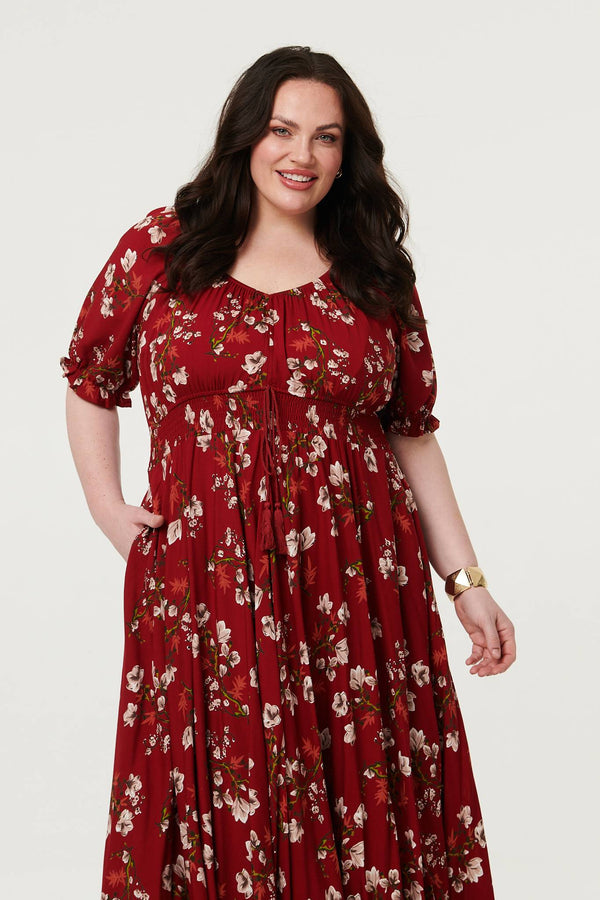 Red | Curve Floral Bardot Empire Maxi Dress
