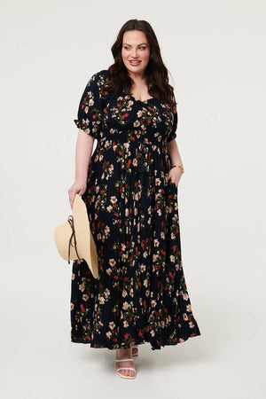 Navy | Curve Floral Bardot Empire Maxi Dress : Model is 5'8