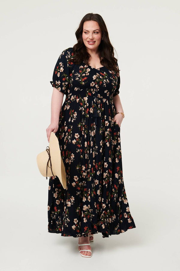 Navy | Curve Floral Bardot Empire Maxi Dress