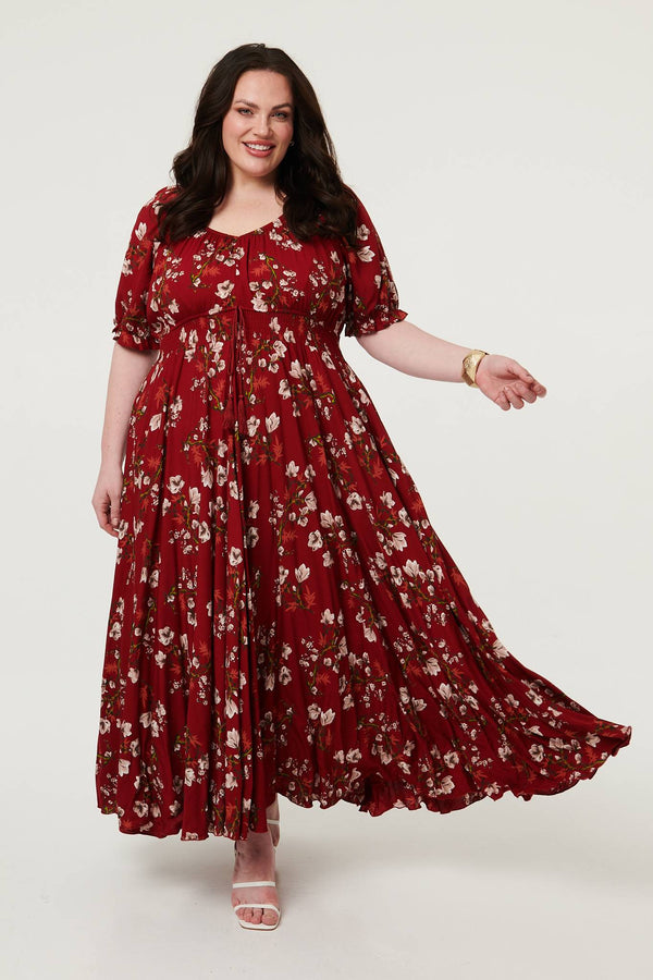 Red | Curve Floral Bardot Empire Maxi Dress
