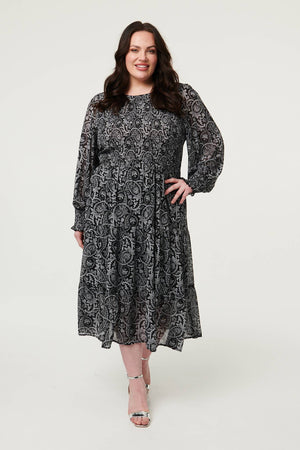 Black | Curve Paisley Long Puff Sleeve Midi Smock Dress