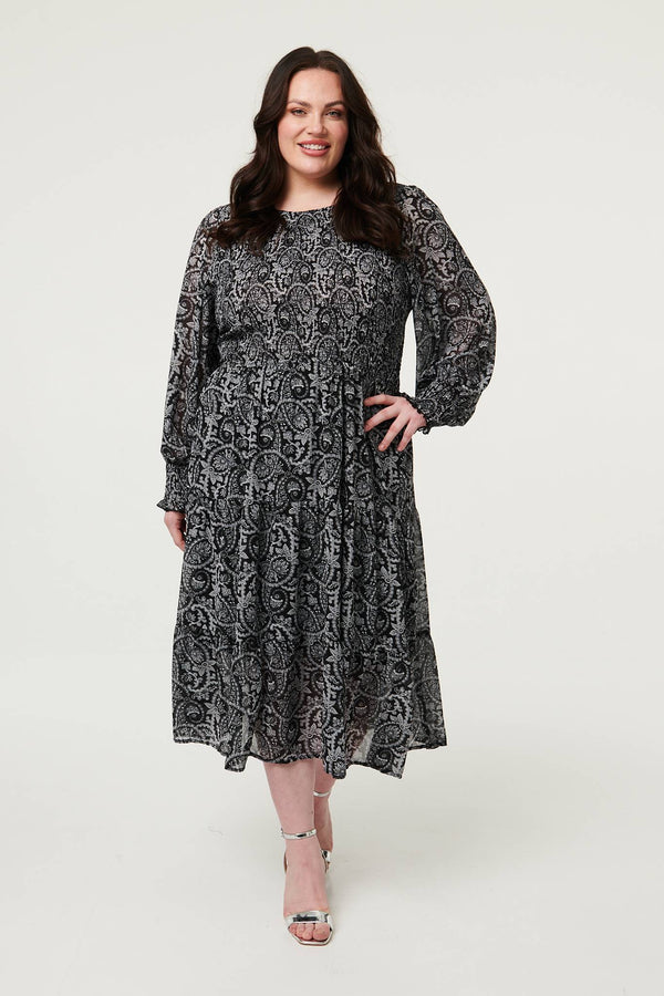 Black | Curve Paisley Long Puff Sleeve Midi Smock Dress