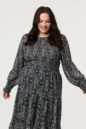 Black | Curve Paisley Long Puff Sleeve Midi Smock Dress