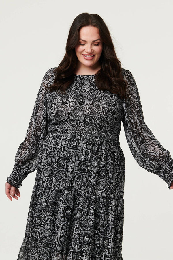 Black | Curve Paisley Long Puff Sleeve Midi Smock Dress