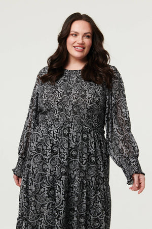 Black | Curve Paisley Long Puff Sleeve Midi Smock Dress