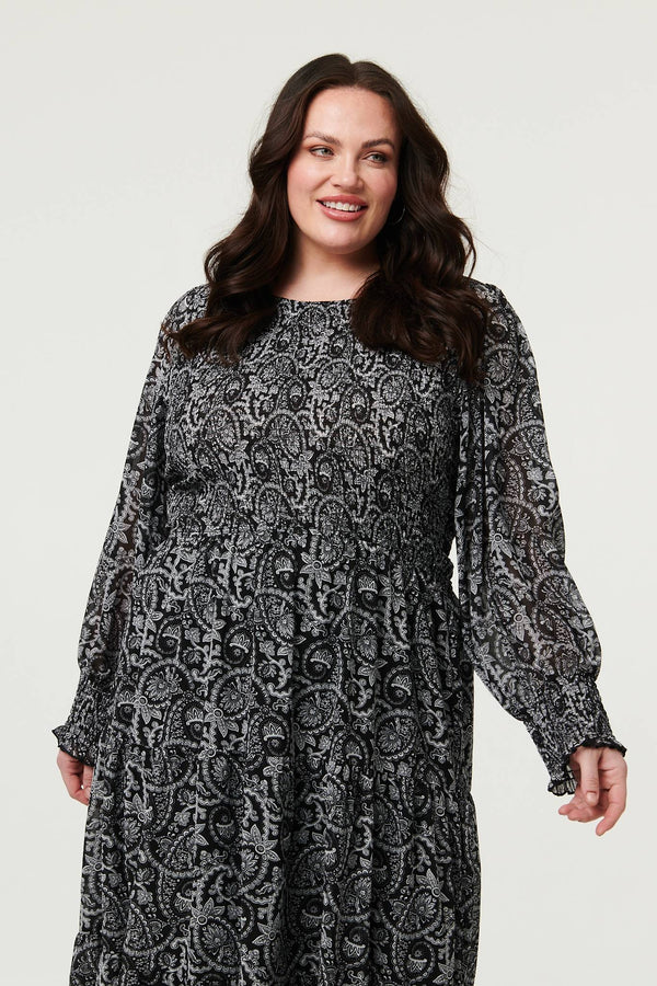 Black | Curve Paisley Long Puff Sleeve Midi Smock Dress