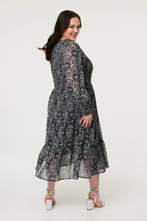 Black | Curve Paisley Long Puff Sleeve Midi Smock Dress