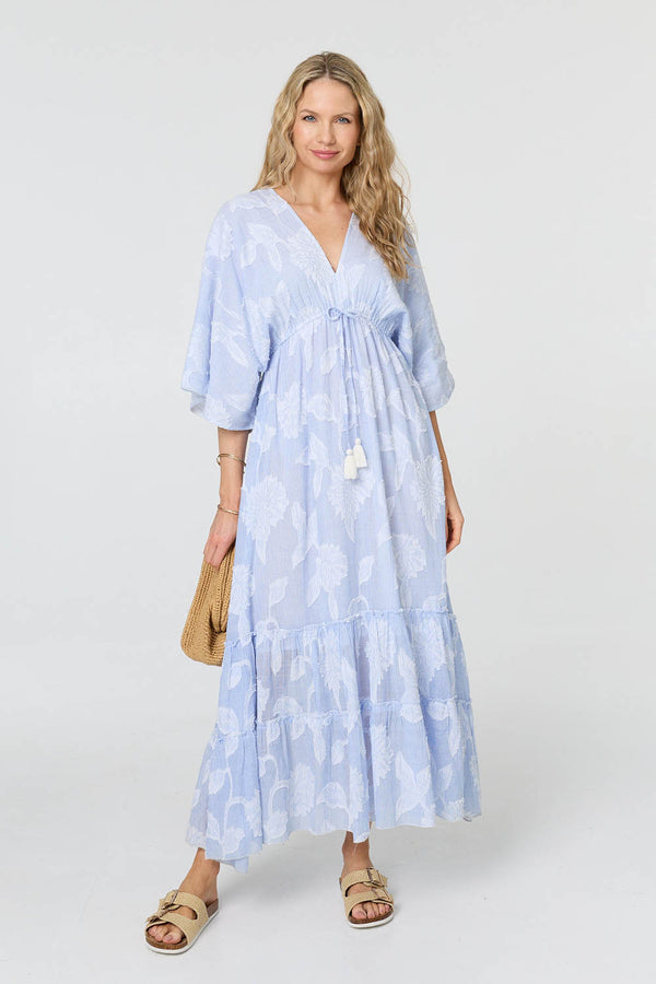 Blue | Floral Textured 3/4 Sleeve Maxi Dress