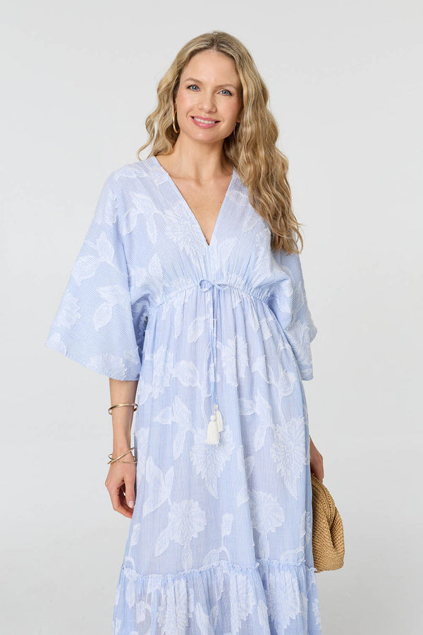 Blue | Floral Textured 3/4 Sleeve Maxi Dress