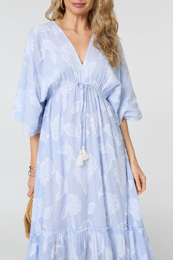 Blue | Floral Textured 3/4 Sleeve Maxi Dress