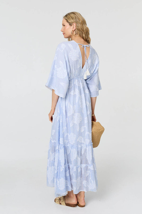 Blue | Floral Textured 3/4 Sleeve Maxi Dress