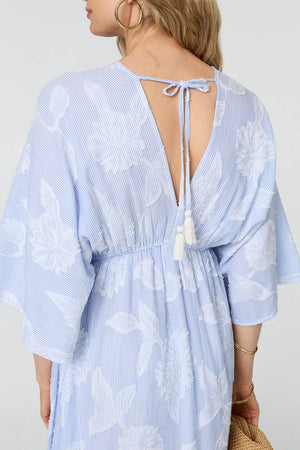 Blue | Floral Textured 3/4 Sleeve Maxi Dress
