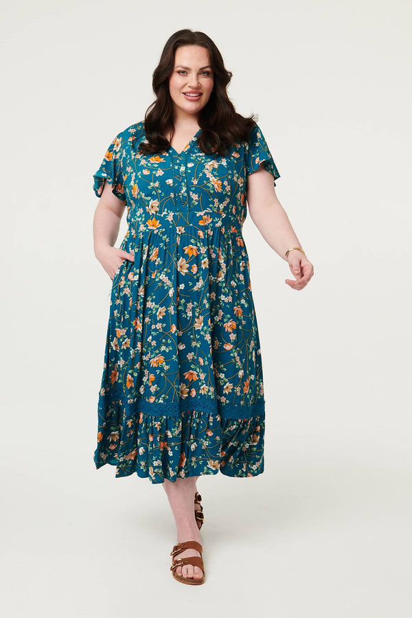Teal | Curve Floral Lace Short Sleeve Midi Dress
