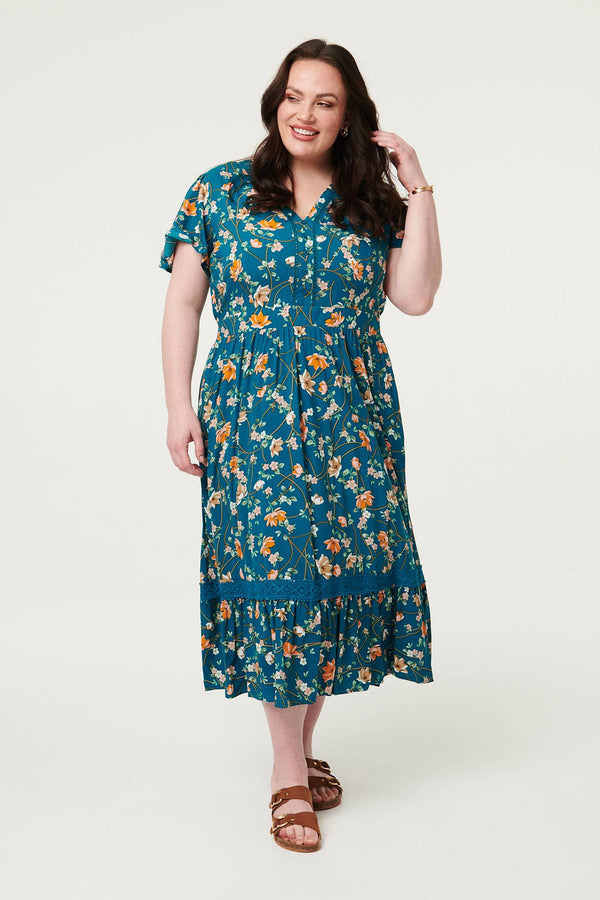 Teal | Curve Floral Lace Short Sleeve Midi Dress