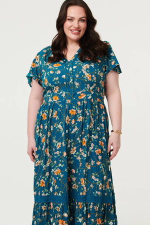 Teal | Curve Floral Lace Short Sleeve Midi Dress