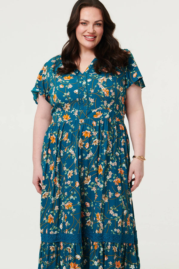 Teal | Curve Floral Lace Short Sleeve Midi Dress
