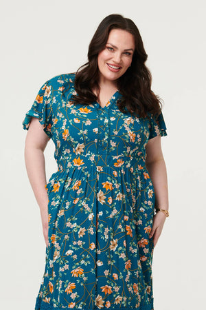 Teal | Curve Floral Lace Short Sleeve Midi Dress