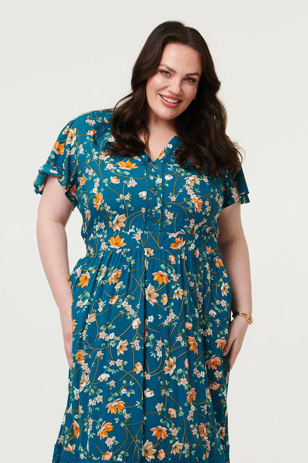 Teal | Curve Floral Lace Short Sleeve Midi Dress