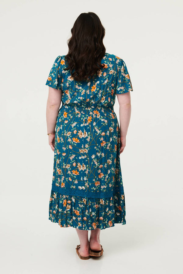 Teal | Curve Floral Lace Short Sleeve Midi Dress