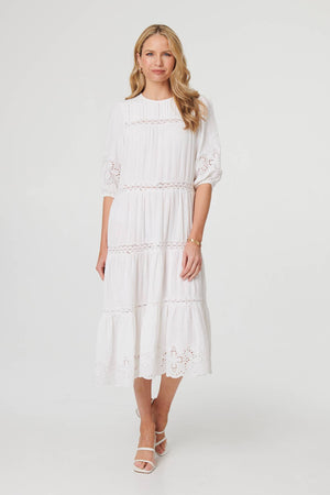 White | Broderie Anglaise Trim Tiered Midi Dress