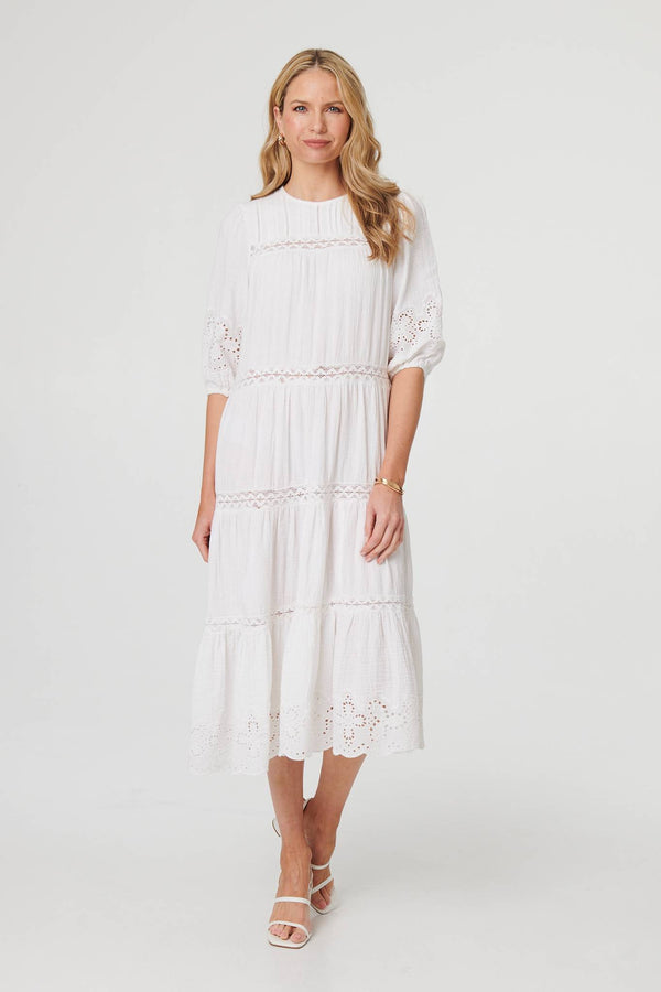 White | Broderie Anglaise Trim Tiered Midi Dress