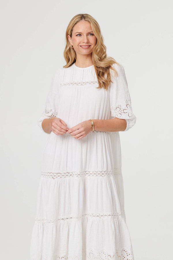 White | Broderie Anglaise Trim Tiered Midi Dress