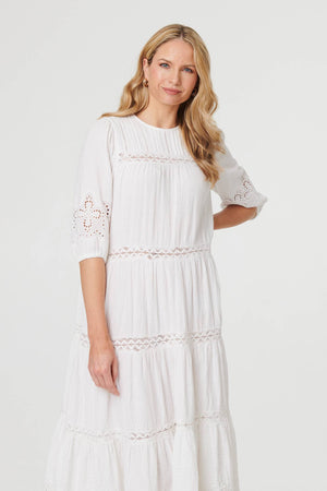 White | Broderie Anglaise Trim Tiered Midi Dress