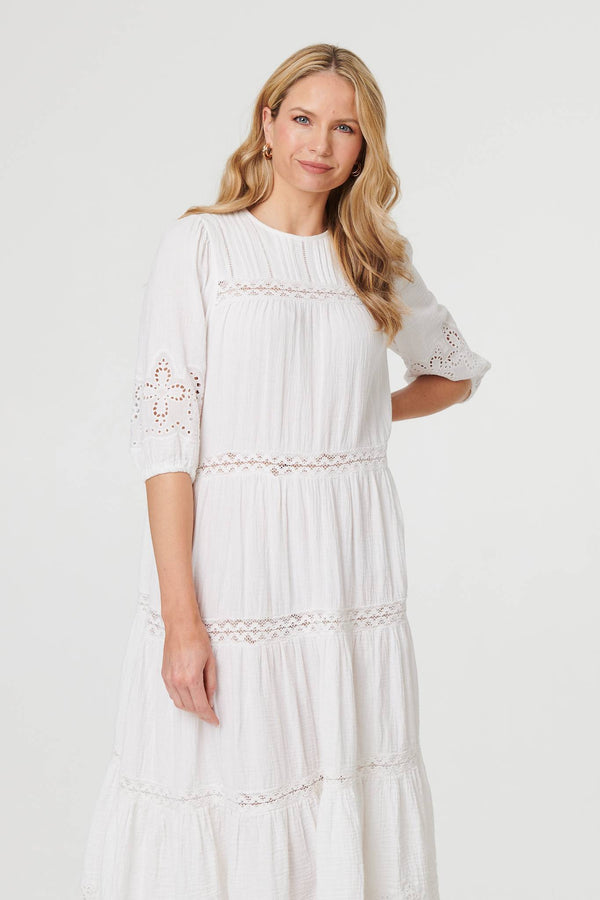 White | Broderie Anglaise Trim Tiered Midi Dress