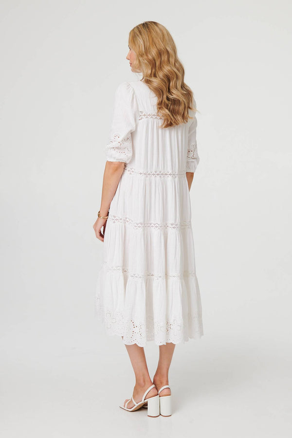 White | Broderie Anglaise Trim Tiered Midi Dress