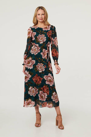 Green | Floral Long Sleeve Layered Maxi Dress