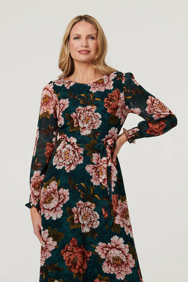 Green | Floral Long Sleeve Layered Maxi Dress
