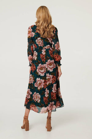 Green | Floral Long Sleeve Layered Maxi Dress