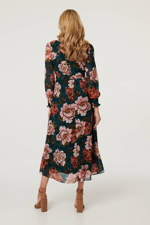 Green | Floral Long Sleeve Layered Maxi Dress