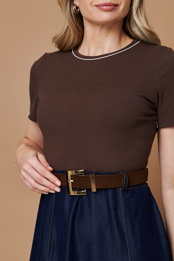 Brown | Removable Belt Denim Skirt Midi Dress