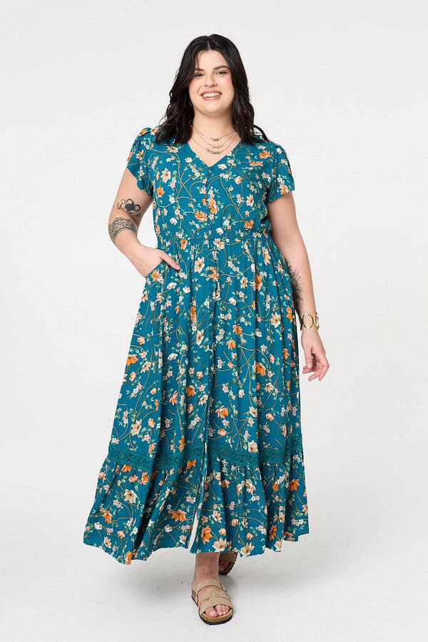 Teal | Curve Floral Cap Sleeve Lace Maxi Dress