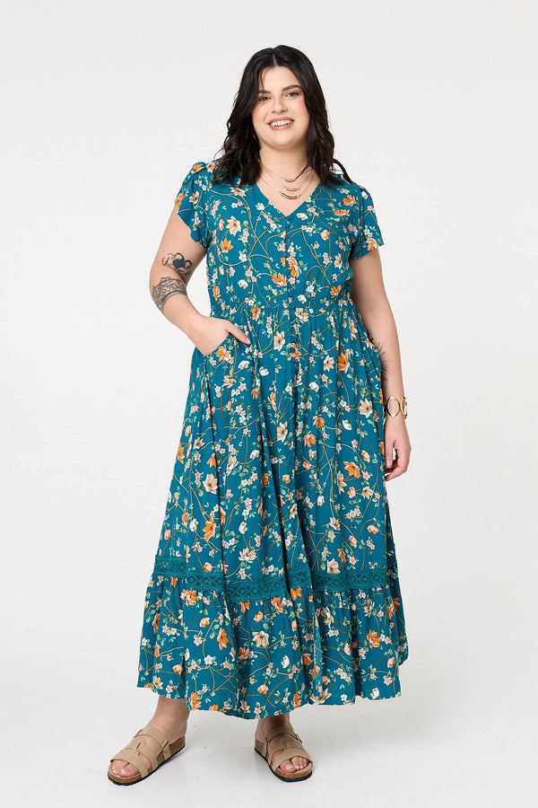 Teal | Curve Floral Cap Sleeve Lace Maxi Dress